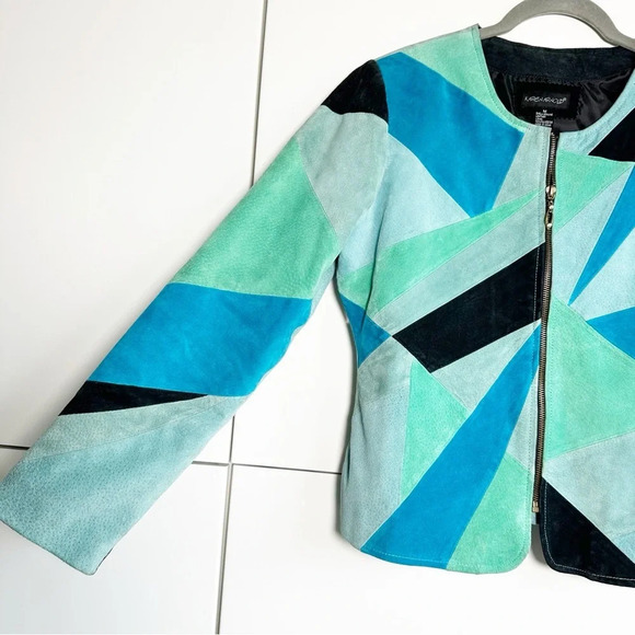 Vintage Y2K Karen Arnold Suede Jacket Blue Green Patchwork Size Medium Zip Front - Picture 3 of 8